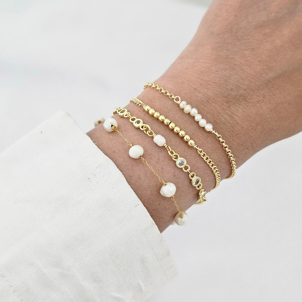 18K Gold Filled Pearl Bracelet Set: Hypoallergenic Layering Bracelets