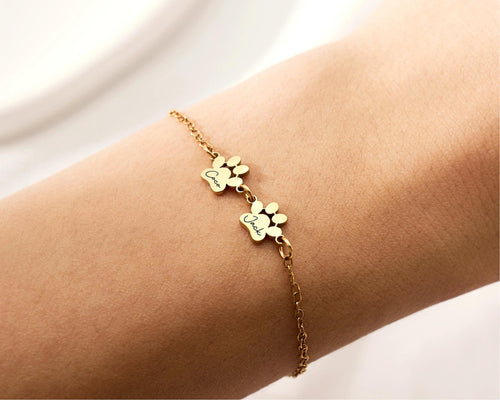 Custom Paw Print Bracelet, Personalized Pet Name Jewelry, Minimalist Dog Cat Paw Charm
