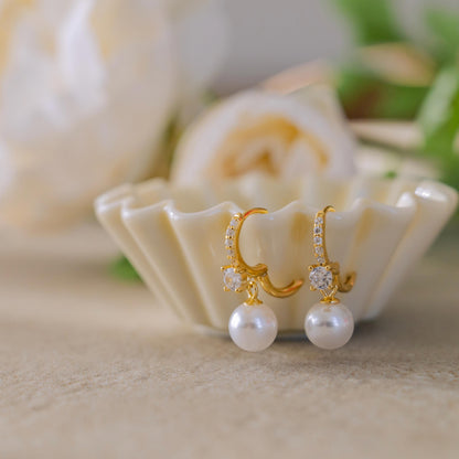 Diamond & Pearl Earrings, Minimalist Dangling Pearl Earrings for Women
