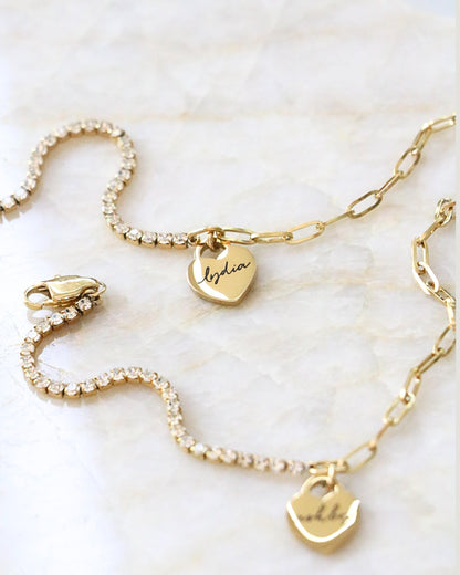 Personalized Heart Charm CZ Tennis Bracelet with Paperclip Chain